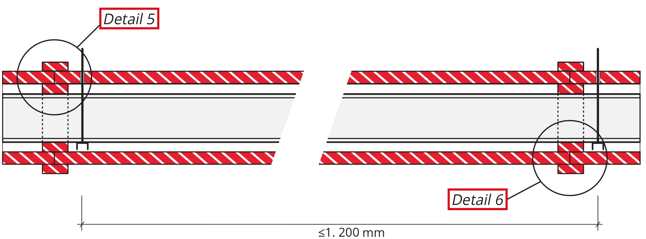 Detail 2 (Kanallängsschnitt) Die Formstücke können in Längen von ≤ 1200 mm hergestellt werden.