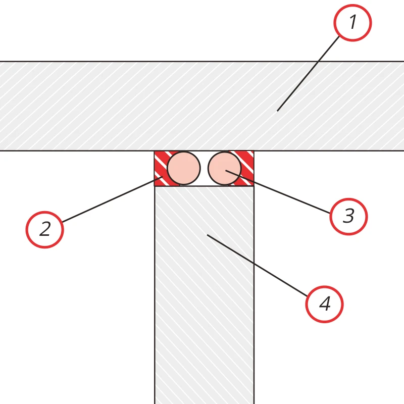 Detail 4: Schnitt Wand-/ Deckenfuge - Fugenbreite ≤ 40 mm - Brandschutzsilikon / Brandschutzfugen