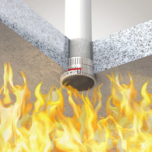 Das Rohr brennt vollständig ab, die Rohrmanschette sowie Rohröffnung sind völlig verschlossen. Eine Übertragung von Feuer und Rauch wird entsprechend der Feuerwiderstandsdauer von 90 Minuten bzw. 120 Minuten verhindert.